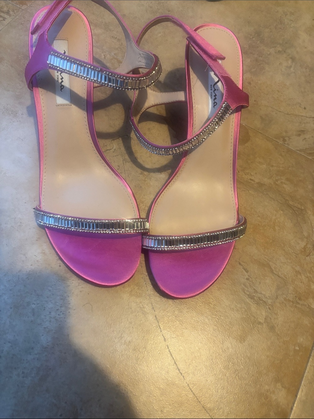 MIA Hot Pink Satin Open-Toe Sandals with Silver Crystal Straps
